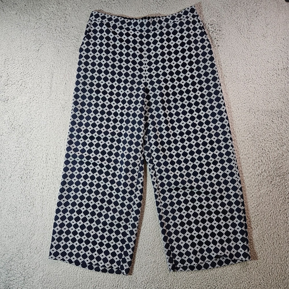 Charter Club Pull On Pants Women Large Wide Leg Capri Geometric Navy Blue White